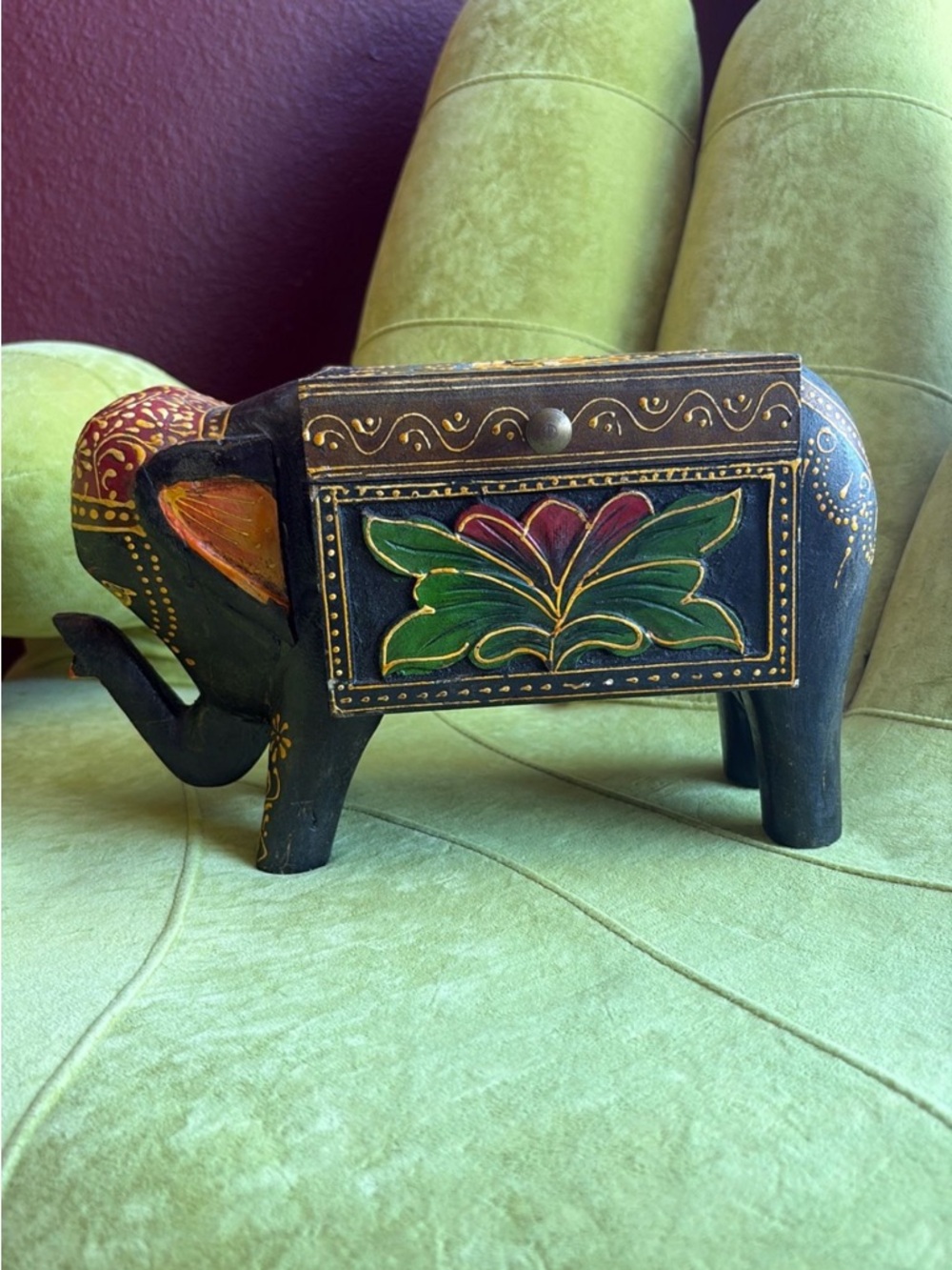 Hand-Painted Wooden Elephant Trinket Box - Black with Green & Red Accents